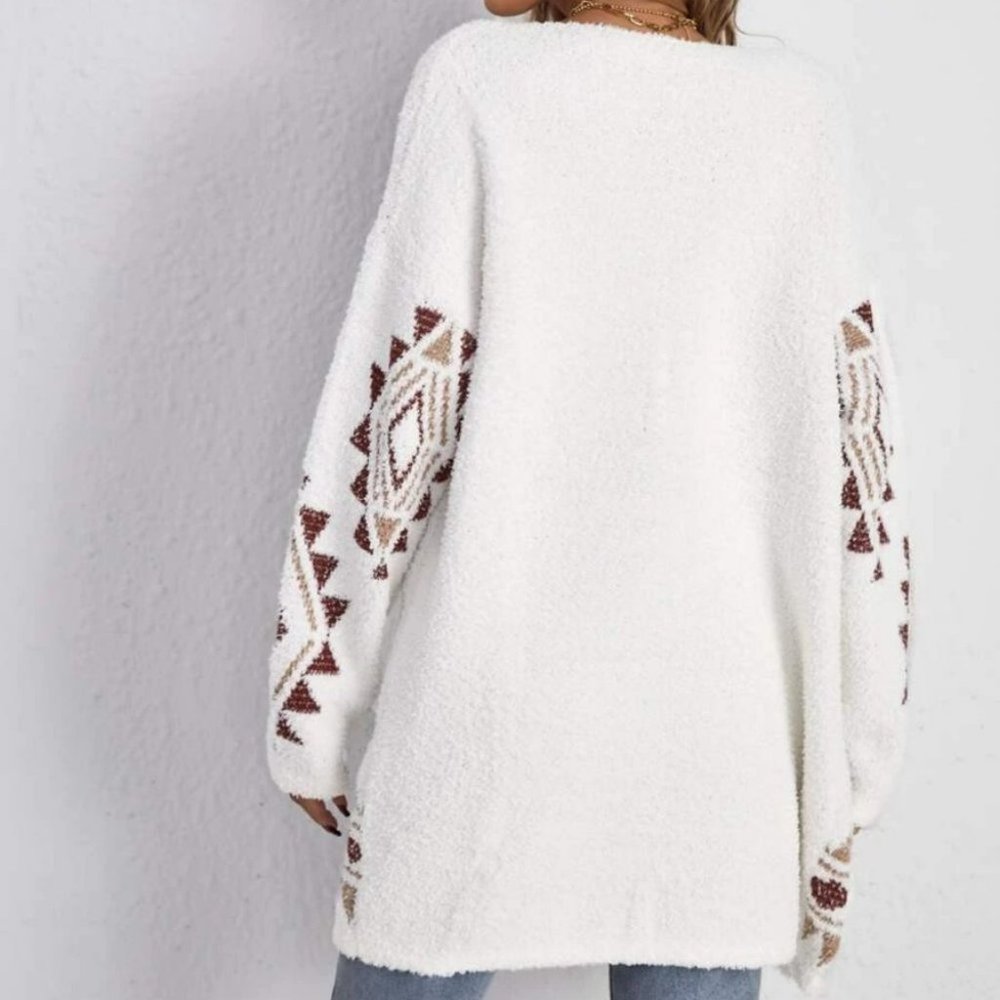 Boho Geo Print Open front Fuzzy  Soft comfy Knit Sweater Cardigan - Picture 2 of 5